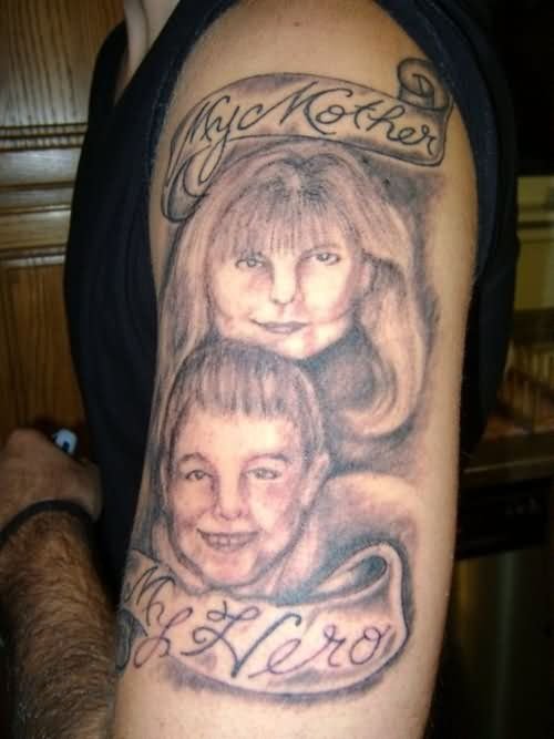 Grey Ink My Mother My Hero Banner Tattoo On Left Half Sleeve