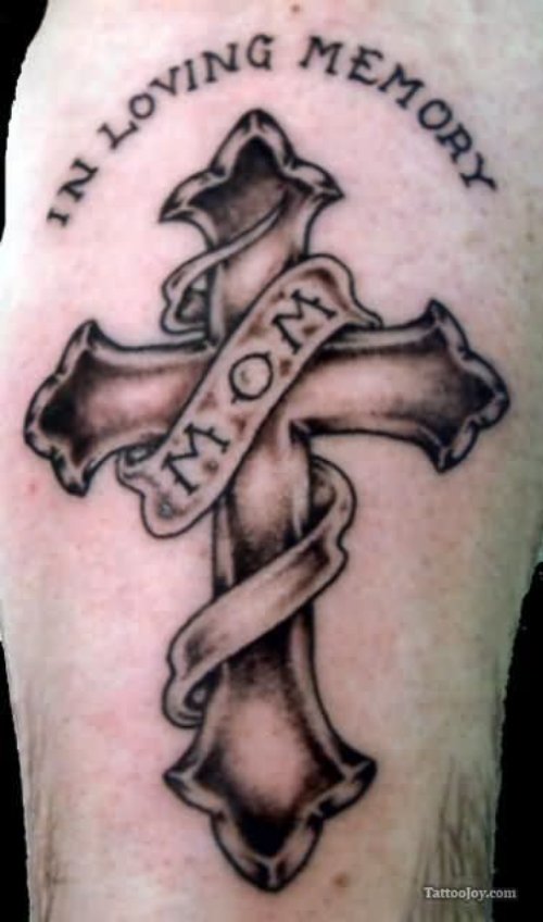 Grey Ink Cross And Mom Banner Tattoo