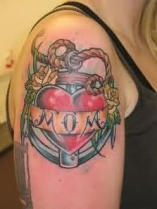 Right Shoulder Mom Banner With Red Heart Tattoo