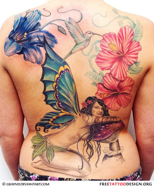 Lily Flowers And Fairy With Mushroom Tattoo On Back