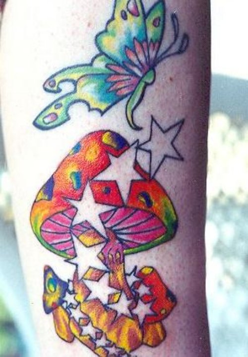Butterfly And Mushroom With Stars Tattoo