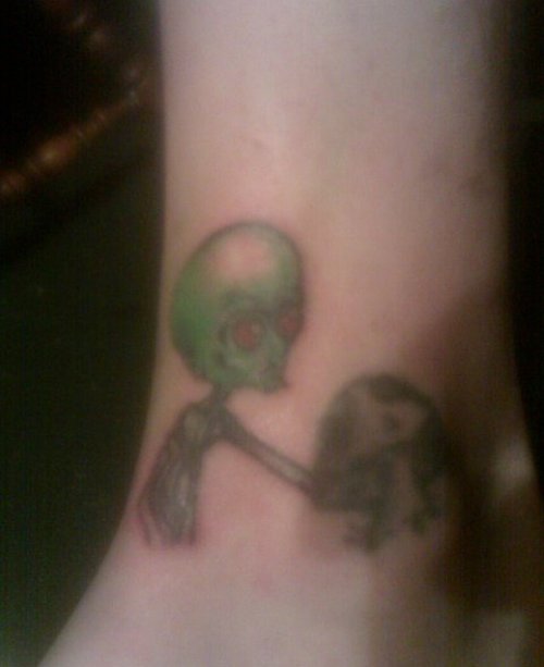 Alien With Mushroom Tattoo On Ankle
