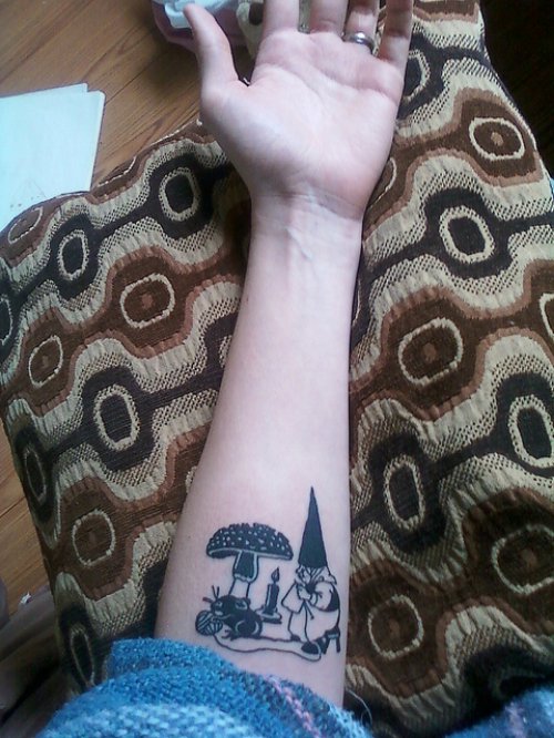 Left Forearm Mushroom And Gnome Tattoo