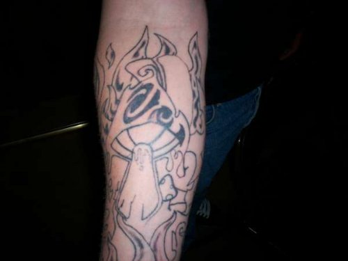 Outline Grey Ink Mushroom Tattoo On Arm