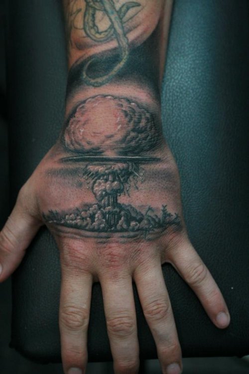 Mushroom Cloud Grey Ink Tattoo On Left Hand