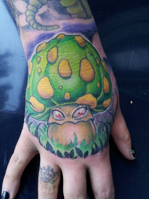 Evil Mushroom Green Ink Tattoo On Right Hand