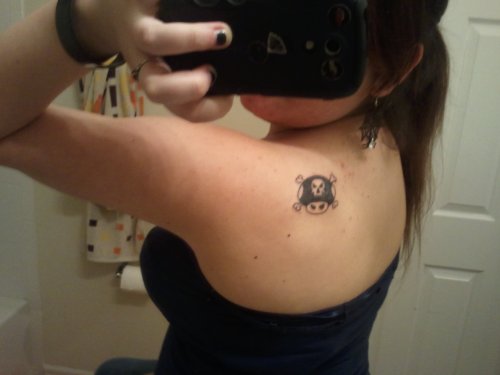 Pirate Black Mushroom Tattoo On Back Shoulder
