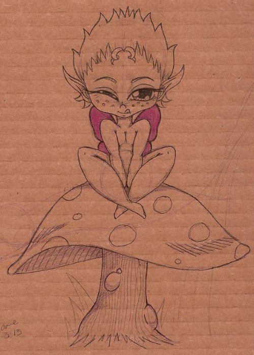 Fairy Girl And Mushroom Outline Tattoo Design