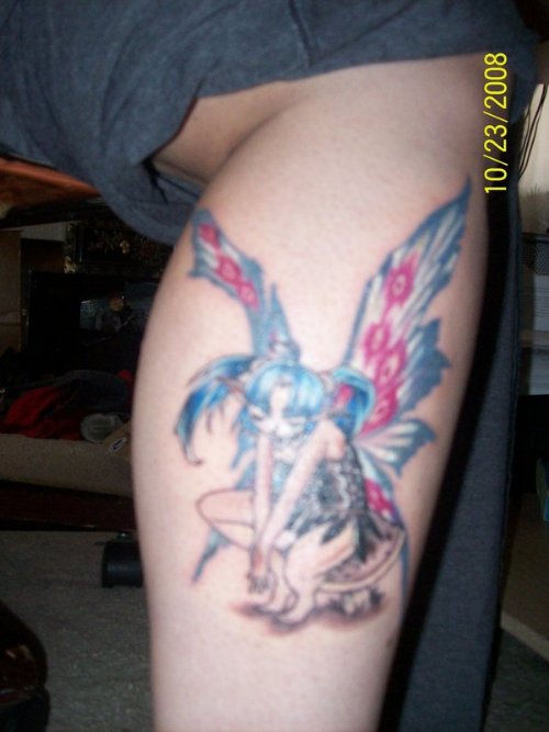 Colored Fairy and Mushroom Tattoo On Leg