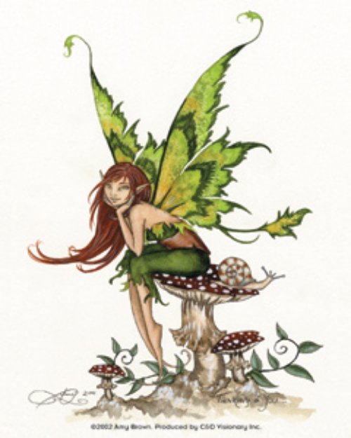 Green Ink Fairy Sitting On Mushroom Tattoo Design