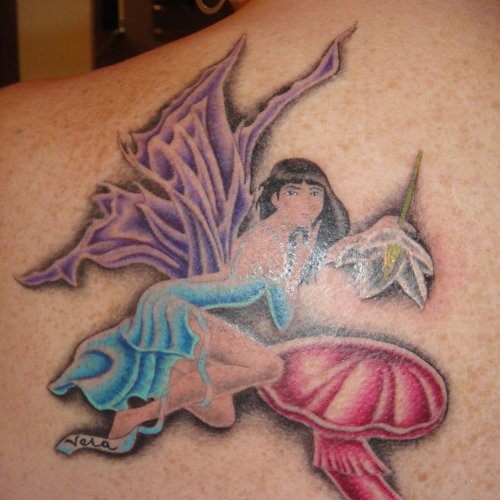Color Ink Fairy Girl And Red Mushroom Tattoo