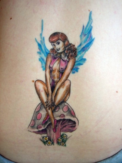 Color Ink Fairy And Mushroom Tattoo On Back