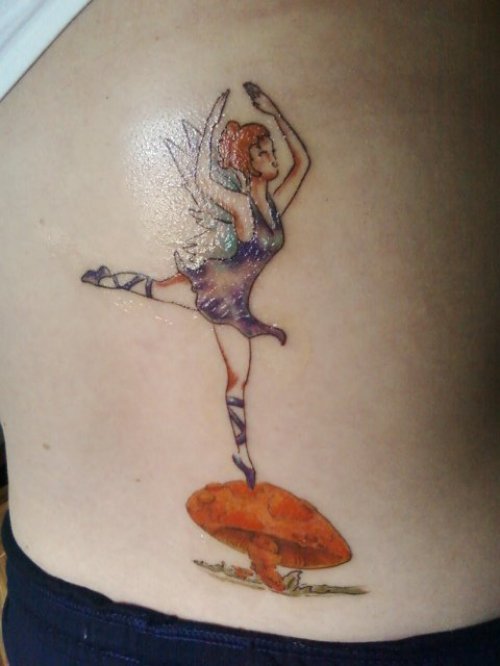 Dancing Fairy On Mushroom Color Ink Tattoo