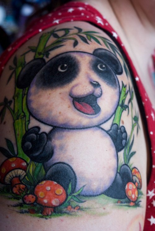 Large Panda And Small Mushrooms Tattoos On Right Shoulder