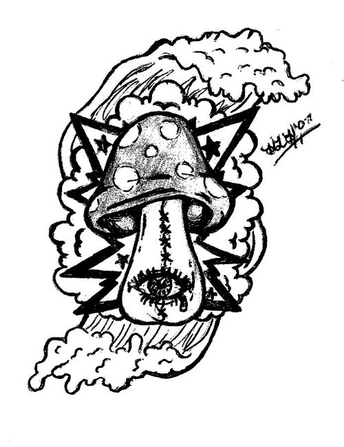 Trippy Grey Ink Mushroom Tattoo Design