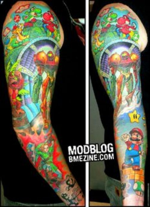 Color Ink Mario Evil Mushroom Tattoo On Sleeve