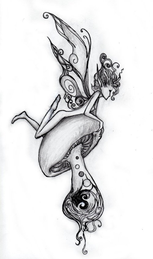 Grey Ink Mushroom And Fairy Tattoo Design
