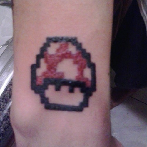 Red Ink Mario Game Mushroom Tattoo