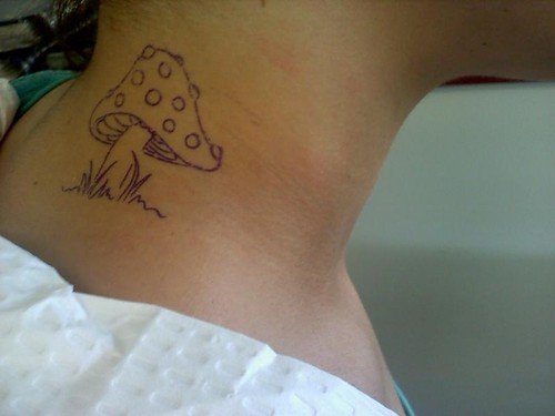 Outline Mushroom Tattoo On Girl Neck