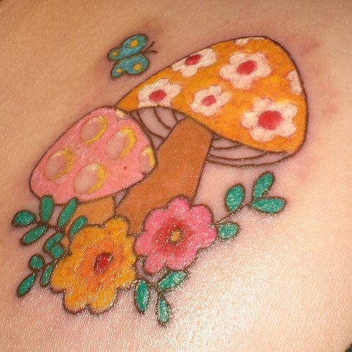 Colored Flowers And Mushroom Tattoos