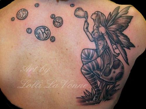 Gothic Girl Grey Ink Mushroom Tattoo On Back
