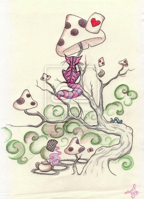 Mushroom Tree And Cat Tattoo Design