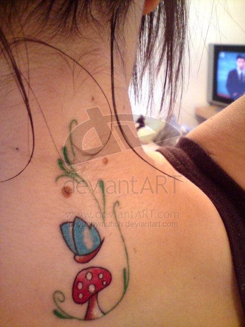 Color Flying Butterfly And Mushroom Tattoo On Upperback