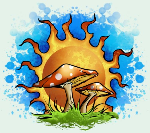 Sun And Mushroom Colored Tattoo Design