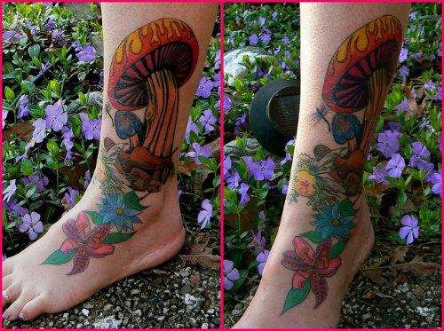 Colored Flowers And Forest Mushroom Tattoo On Ankle