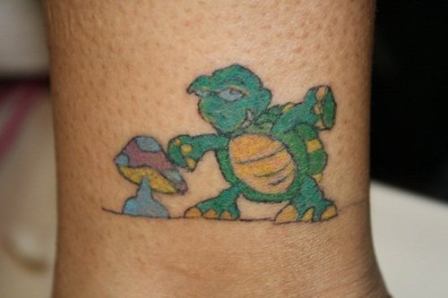Color Mushroom And Green Turtle Tattoo