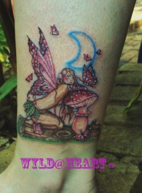 Flying Butterflies And Mushroom With Fairy Tattoo