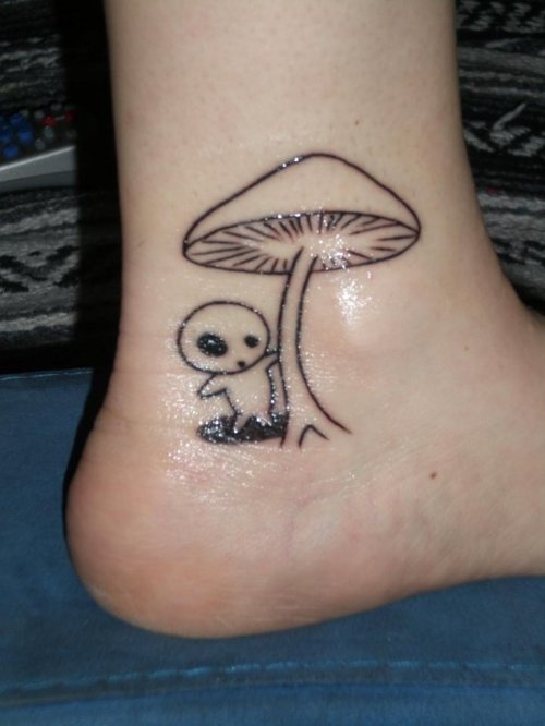 Outline Alien And Mushroom Tattoo On Ankle