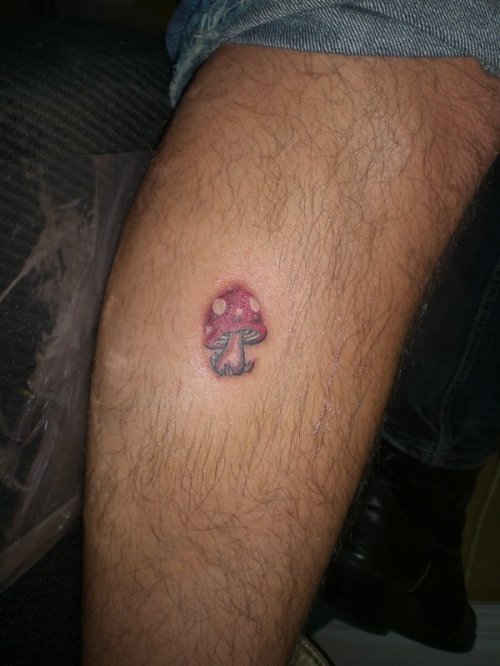 Red Mushroom Tattoo On Back Leg