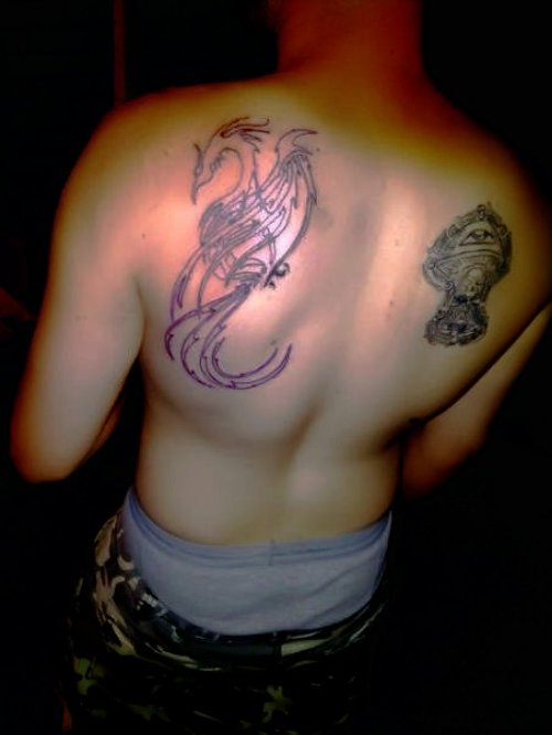 Tribal Dragon And Mushroom Tattoos On Back Shoulders