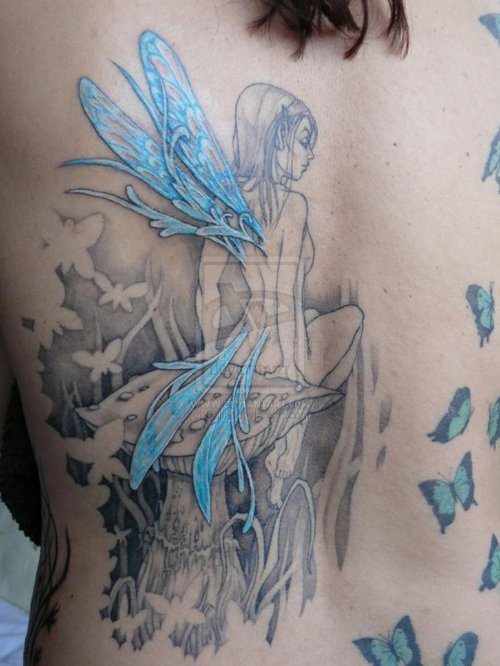 Grey Ink Mushroom And Fairy With Butterflies Tattoo On Back