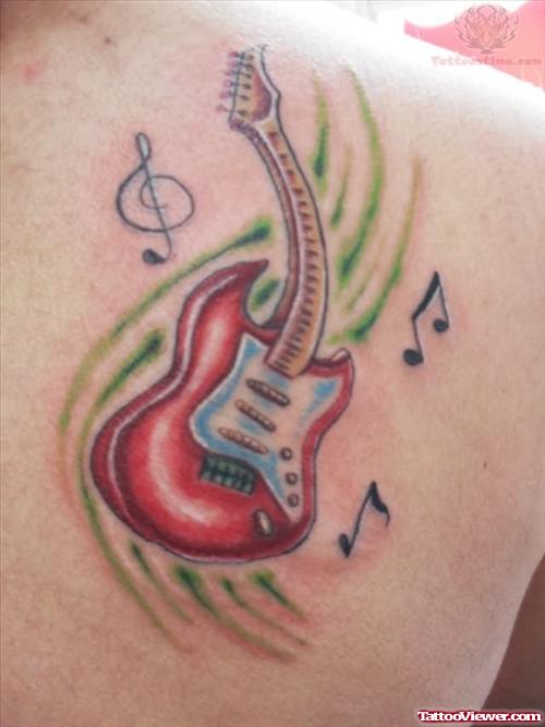 Colorful Guitar Tattoo On Back