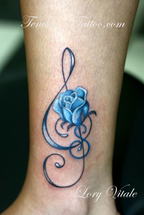 Blue Rose Flower and Music Tattoo On Ankle