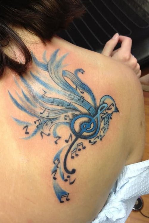 Music Tattoo On Right Back Shoulder