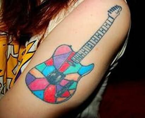 Colored Music Guitar Tattoo On Left Sleeve