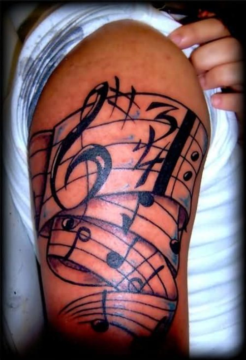 Black Ink Music Tattoo On Right Half Sleeve