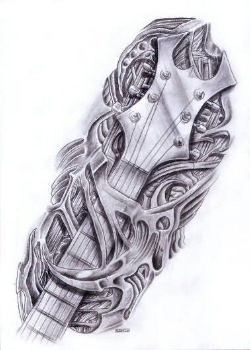 Grey Ink Guitar and Music Tattoo