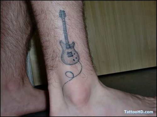 Right Leg Grey Ink Guitar Music Tattoo