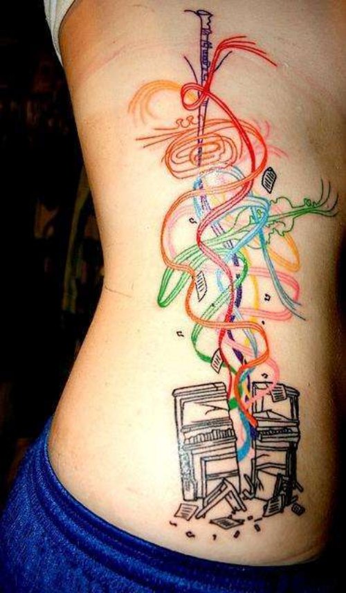 Colored Music Tattoo On Side Rib