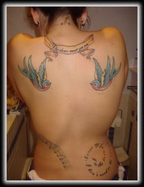 Color Flying Birds And Music Tattoo On Back