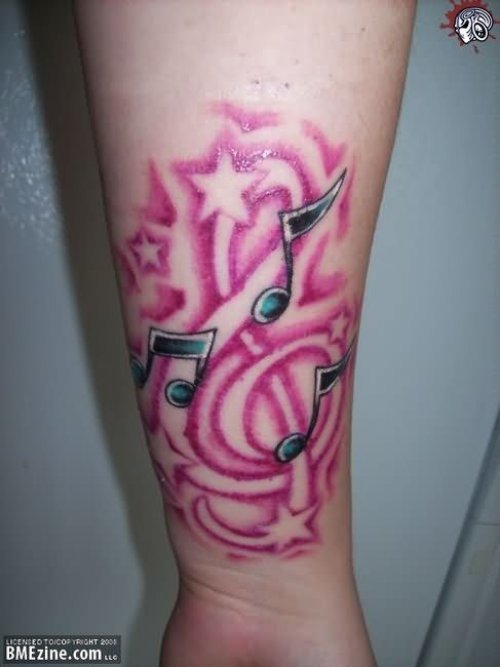 Pink Violen Key and Music Notes Tattoo On Forearm