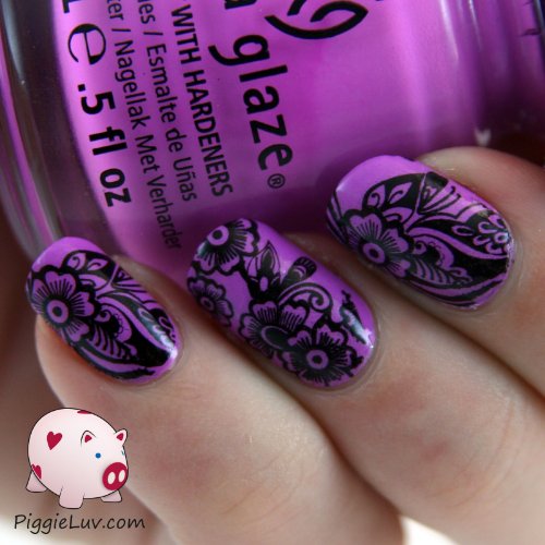 Black Flowers On Purple Nails Tattoos