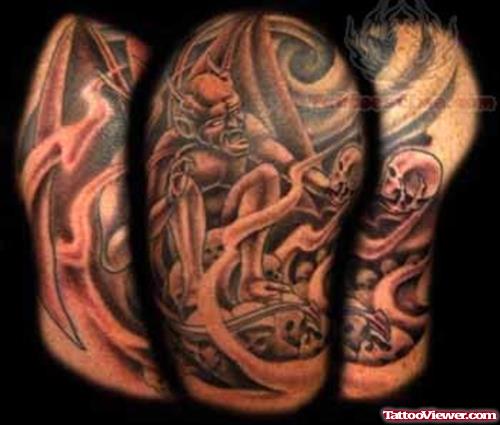 Devil And Skull Tattoo On Shoulder