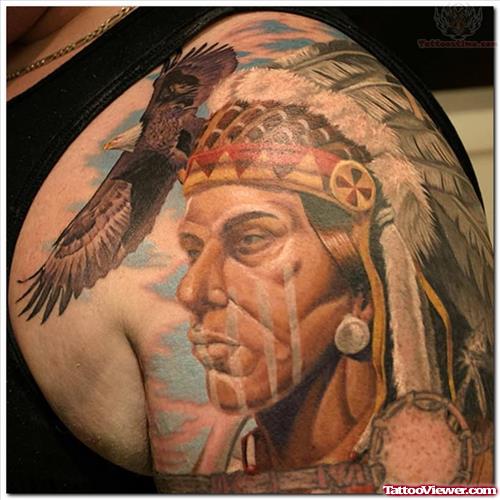 Native American And Eagle Closeup Tattoo