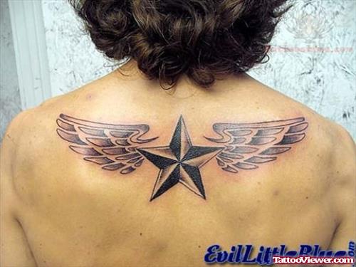 Nautical Winged Star Tattoo On Back