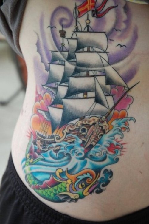 Sailor Ship Nautical Tattoos On Rib Cage